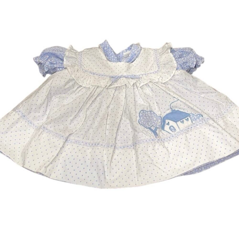 RARE 90s Vintage Mayfair Dress 18 months Floral Blue & White Peter Pan Collar